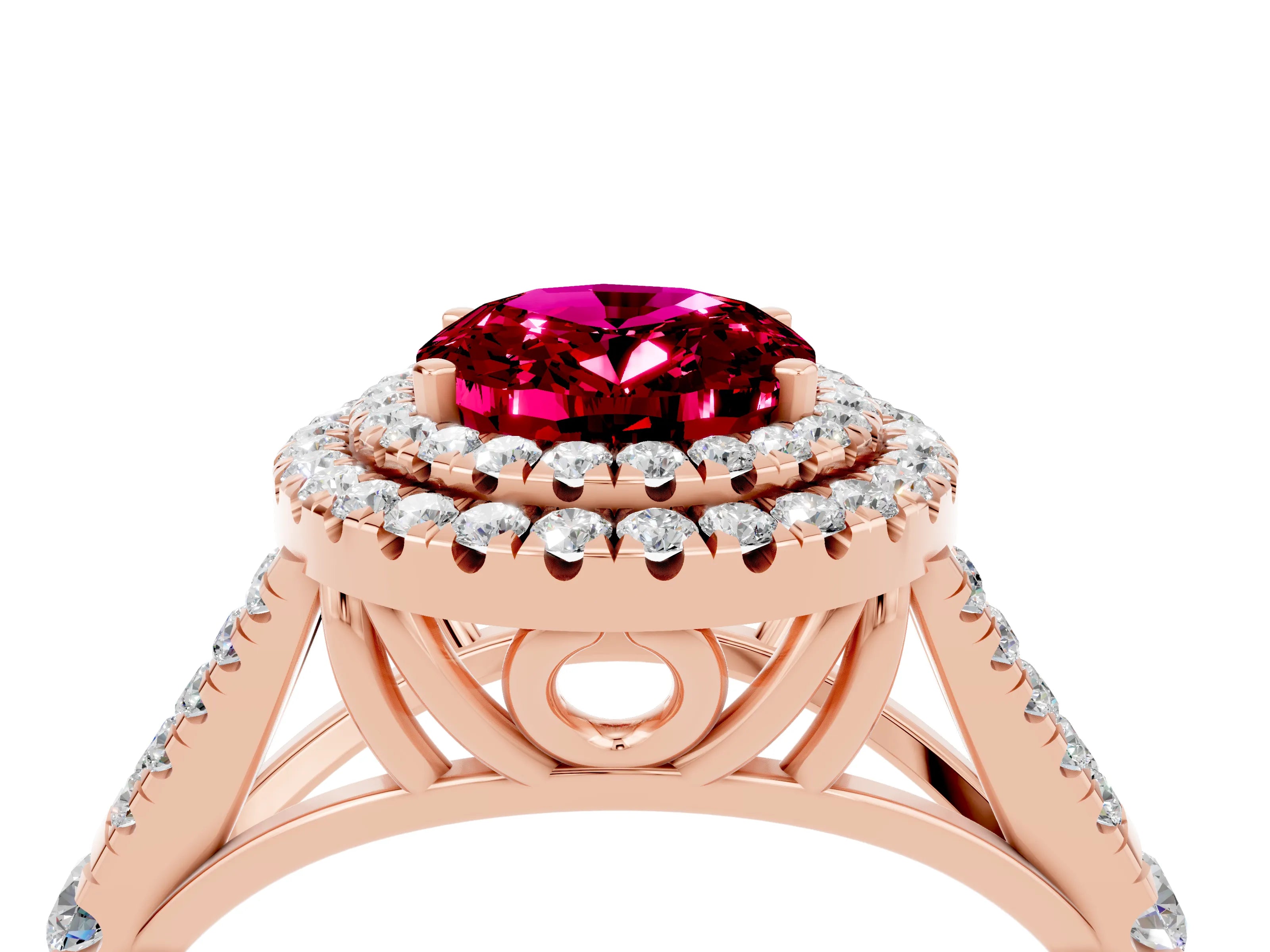 Rose gold Double Halo Oval Cut Garnet Split Shank Engagement Ring with Four-Prong Setting_4