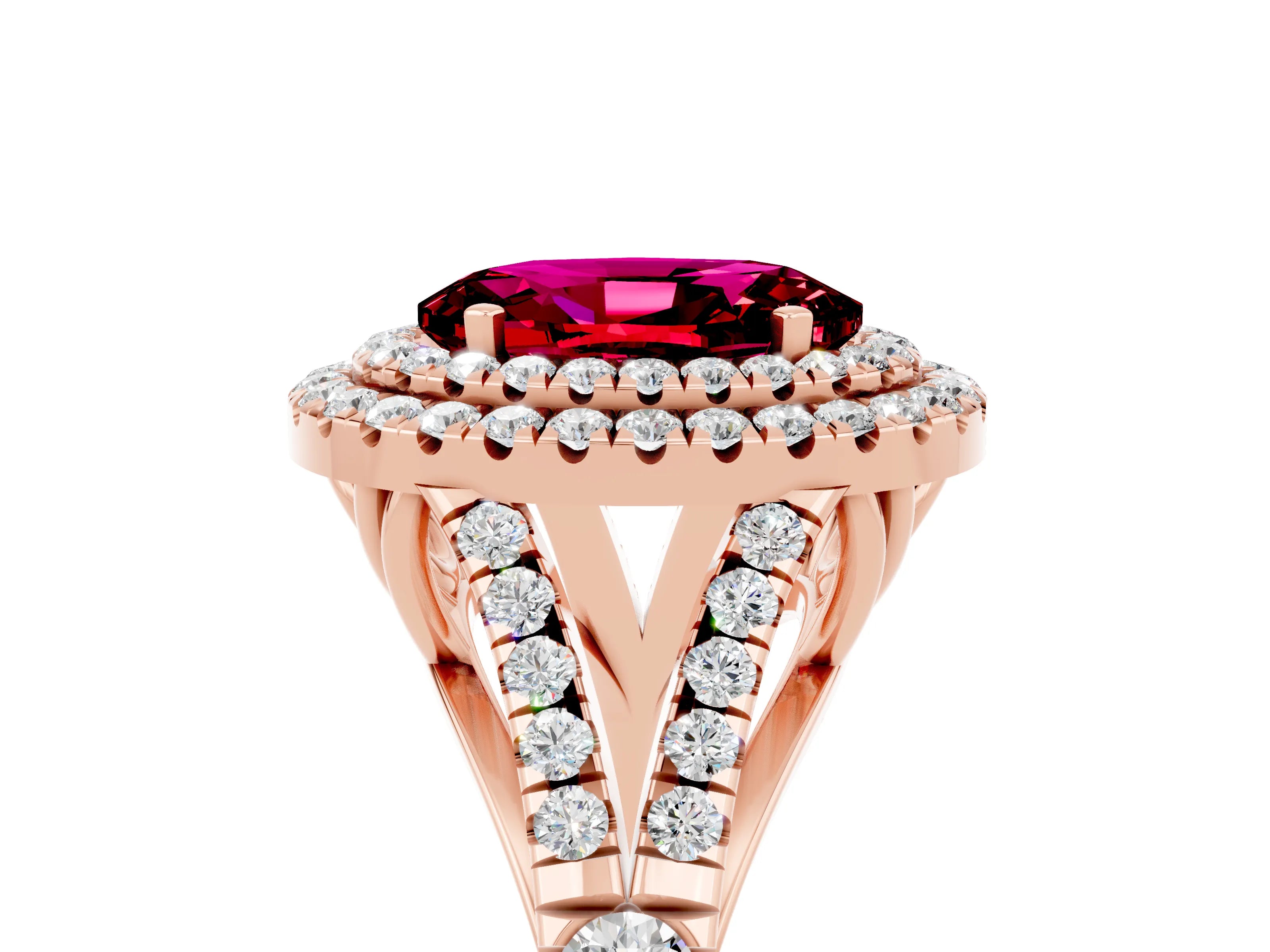 Rose gold Double Halo Oval Cut Garnet Split Shank Engagement Ring with Four-Prong Setting_5