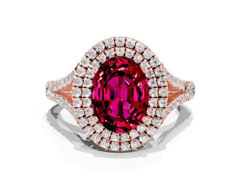 Rose gold Double Halo Oval Cut Garnet Split Shank Engagement Ring with Four-Prong Setting