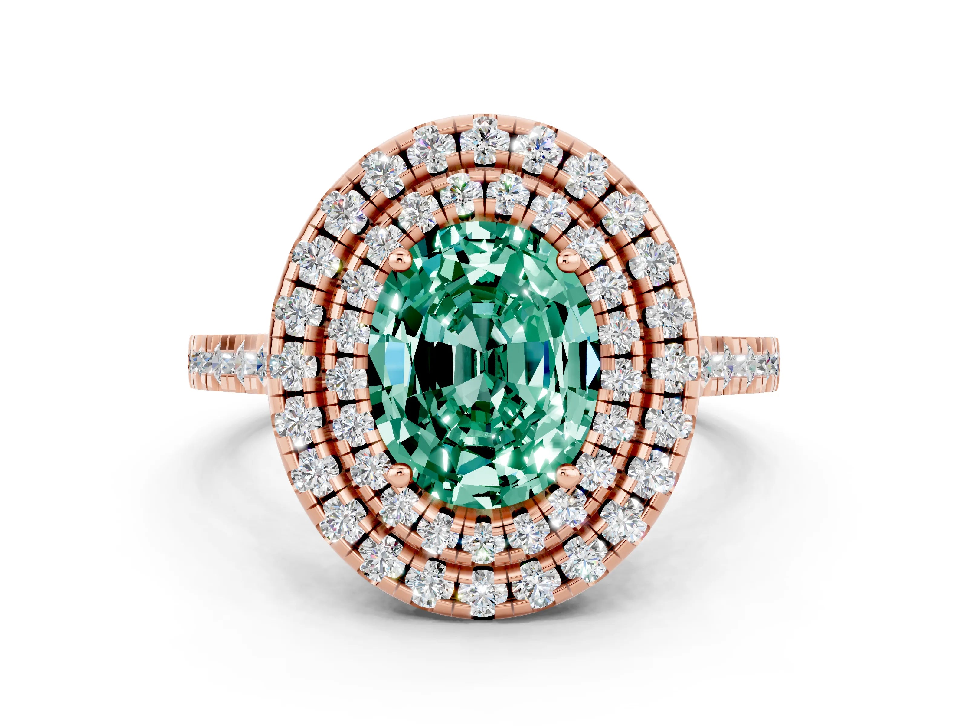 Rose gold Double Halo Oval Cut Green Sapphire Pavé Band with Four-Prong Setting