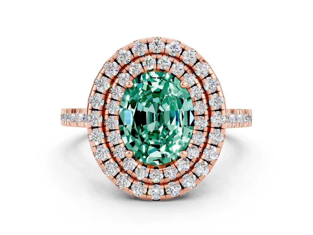 Rose gold Double Halo Oval Cut Green Sapphire Pavé Band with Four-Prong Setting
