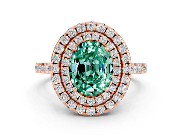 Rose gold Double Halo Oval Cut Green Sapphire Pavé Band with Four-Prong Setting