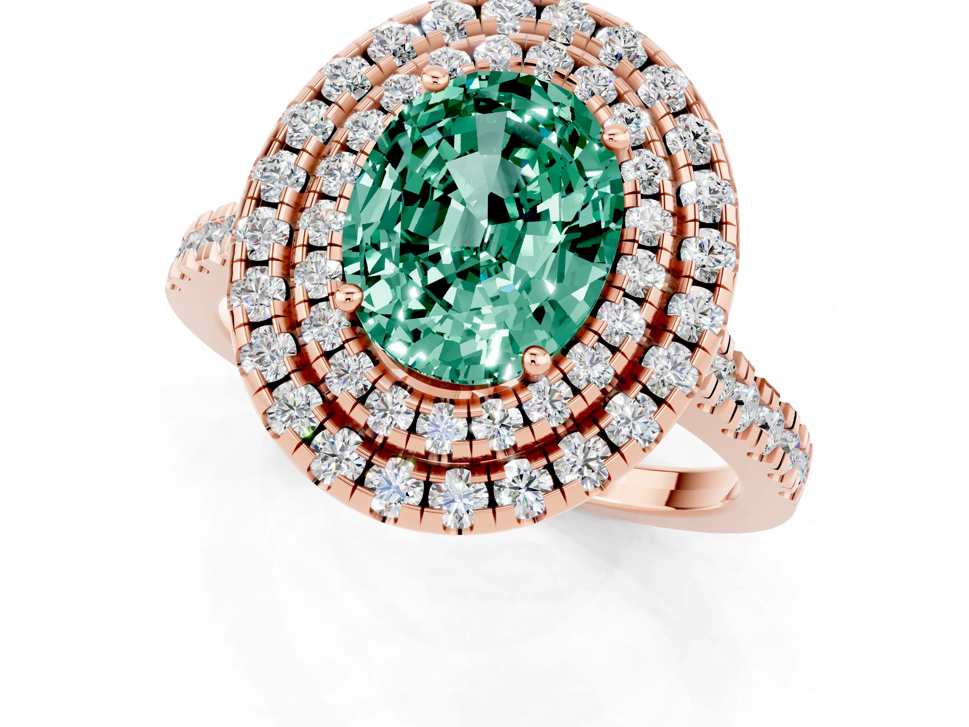 Rose gold Double Halo Oval Cut Green Sapphire Pavé Band with Four-Prong Setting_1