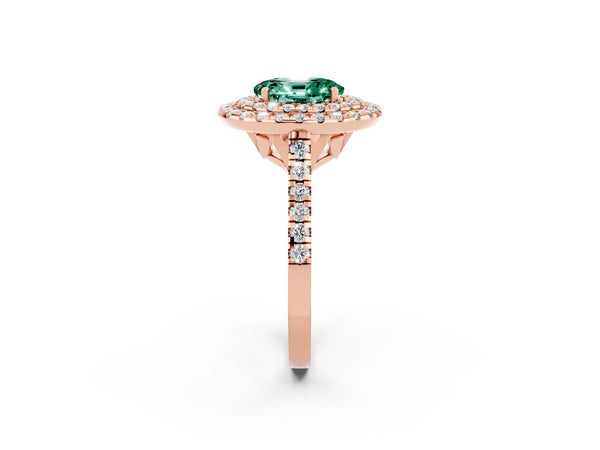 Rose gold Double Halo Oval Cut Green Sapphire Pavé Band with Four-Prong Setting