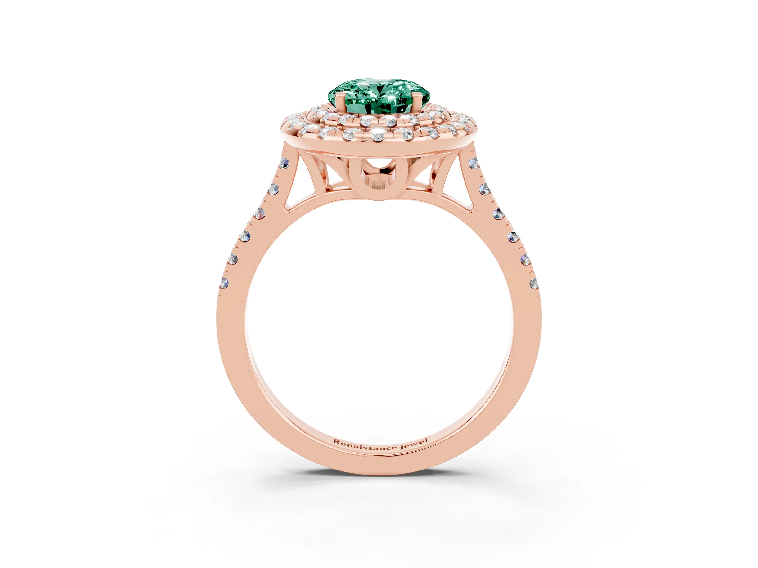 Rose gold Double Halo Oval Cut Green Sapphire Pavé Band with Four-Prong Setting_3