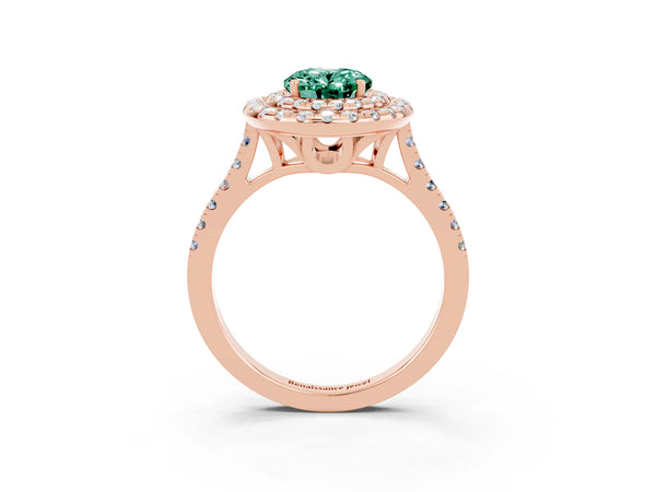 Rose gold Double Halo Oval Cut Green Sapphire Pavé Band with Four-Prong Setting