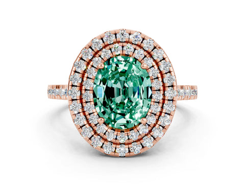 Rose gold Double Halo Oval Cut Green Sapphire Pavé Band with Four-Prong Setting