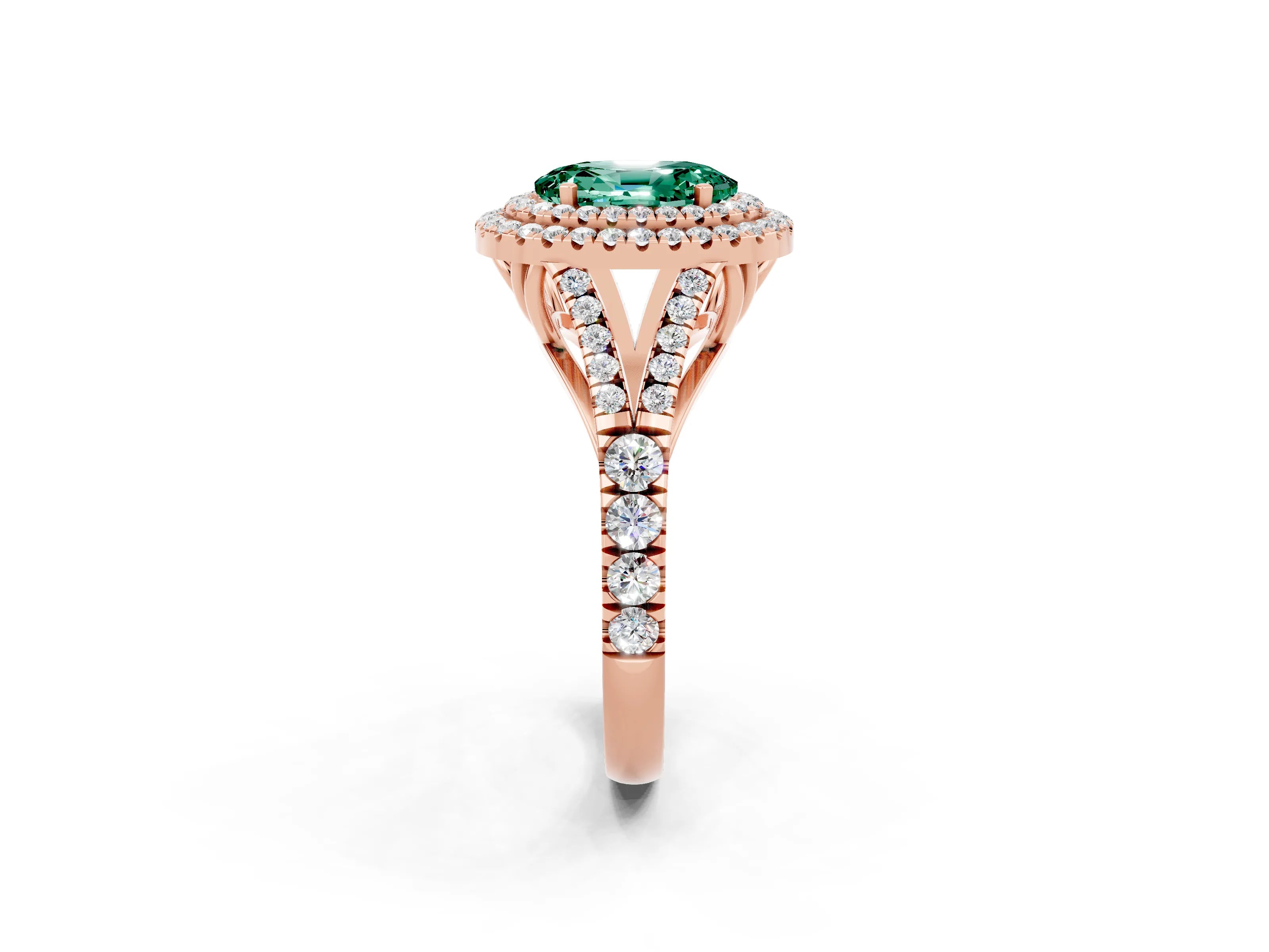 Rose gold Double Halo Oval Cut Green Sapphire Pavé Split Shank Ring with Prong Setting_2