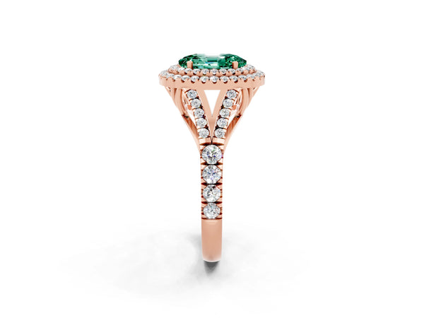 Rose gold Double Halo Oval Cut Green Sapphire Pavé Split Shank Ring with Prong Setting