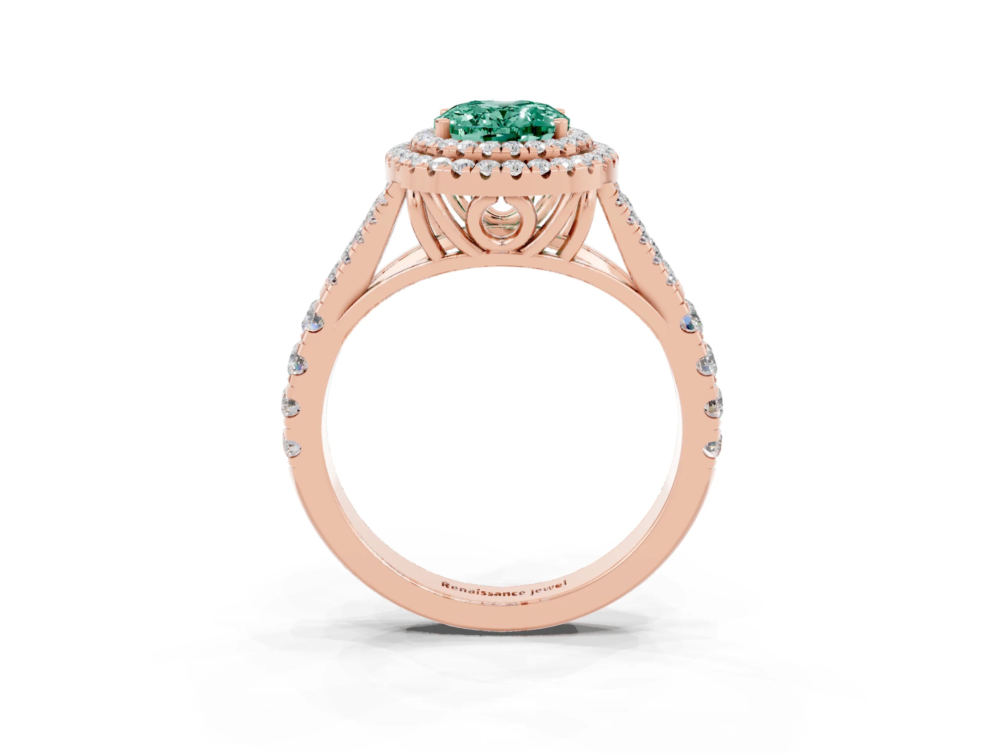 Rose gold Double Halo Oval Cut Green Sapphire Pavé Split Shank Ring with Prong Setting_3