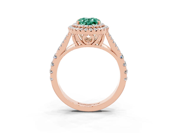 Rose gold Double Halo Oval Cut Green Sapphire Pavé Split Shank Ring with Prong Setting