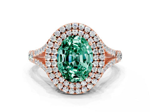 Rose gold Double Halo Oval Cut Green Sapphire Pavé Split Shank Ring with Prong Setting