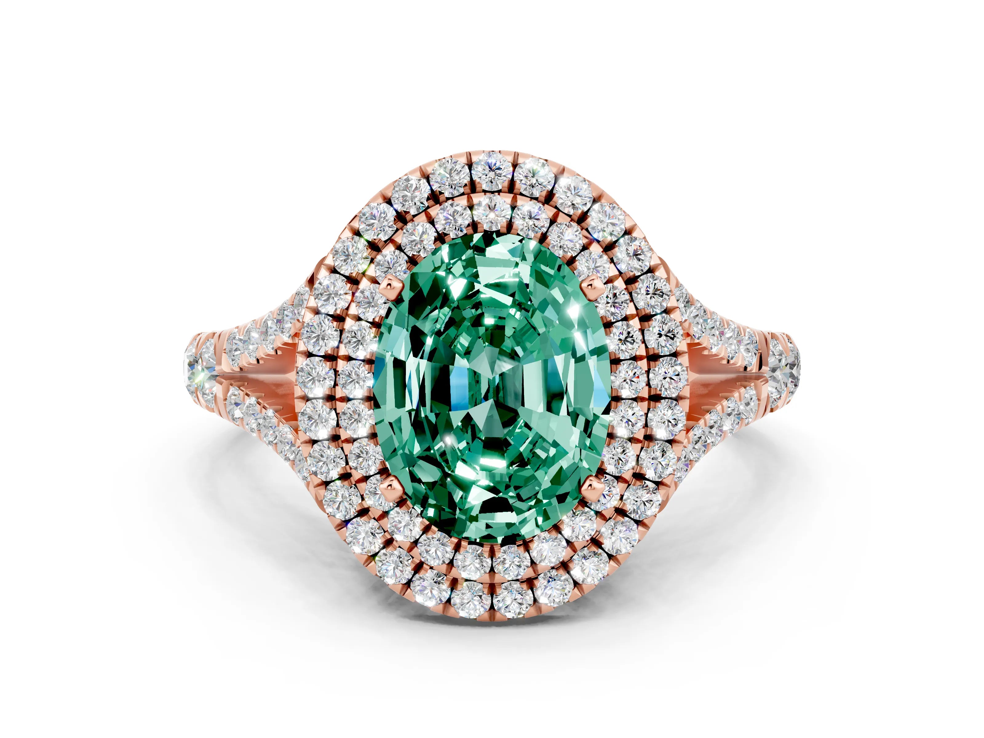 Rose gold Double Halo Oval Cut Green Sapphire Split Shank Engagement Ring with Four-Prong Setting