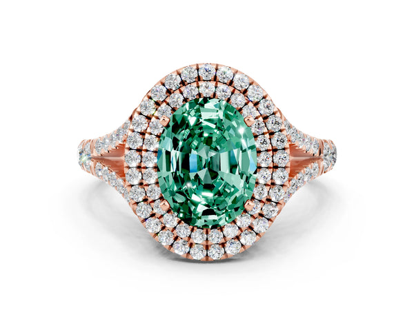 Rose gold Double Halo Oval Cut Green Sapphire Split Shank Engagement Ring with Four-Prong Setting