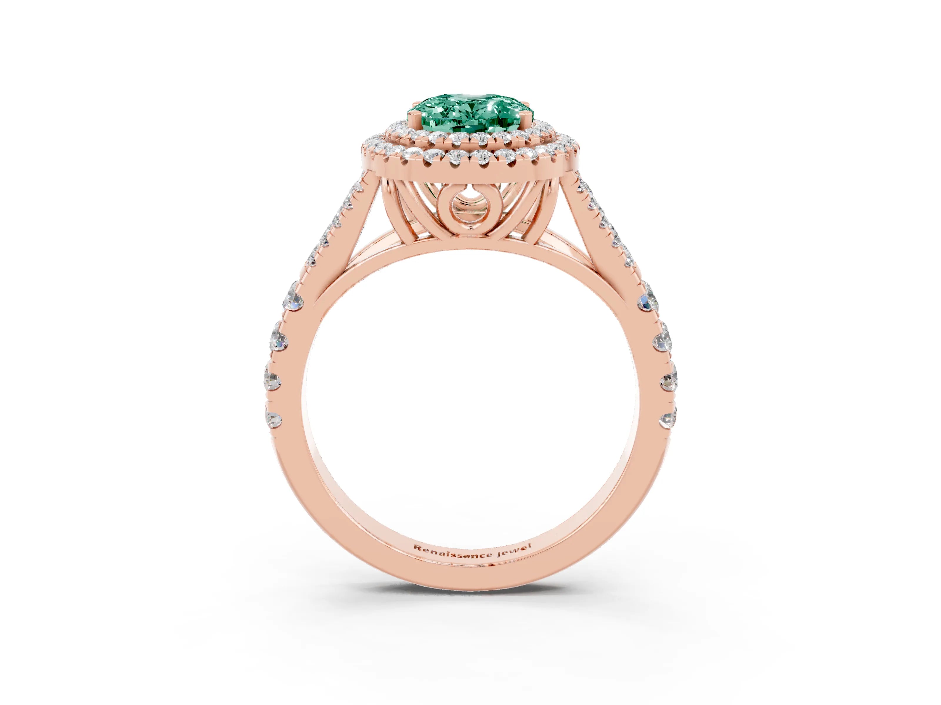 Rose gold Double Halo Oval Cut Green Sapphire Split Shank Engagement Ring with Four-Prong Setting_3