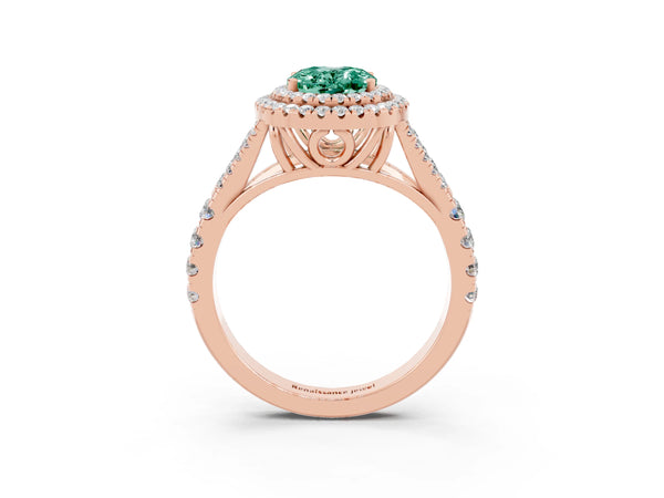 Rose gold Double Halo Oval Cut Green Sapphire Split Shank Engagement Ring with Four-Prong Setting