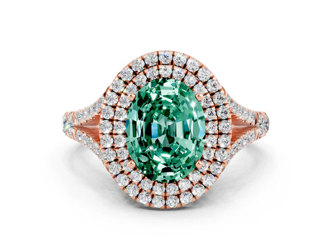 Rose gold Double Halo Oval Cut Green Sapphire Split Shank Engagement Ring with Four-Prong Setting
