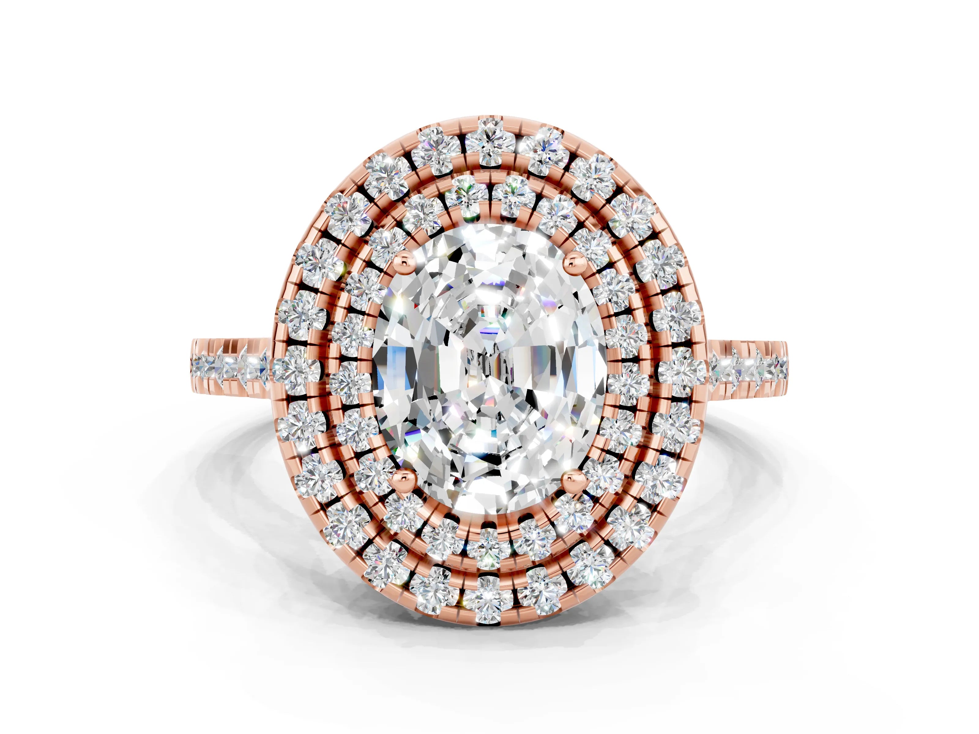 Rose gold Double Halo Oval Cut Moissanite Pavé Band with Four-Prong Setting