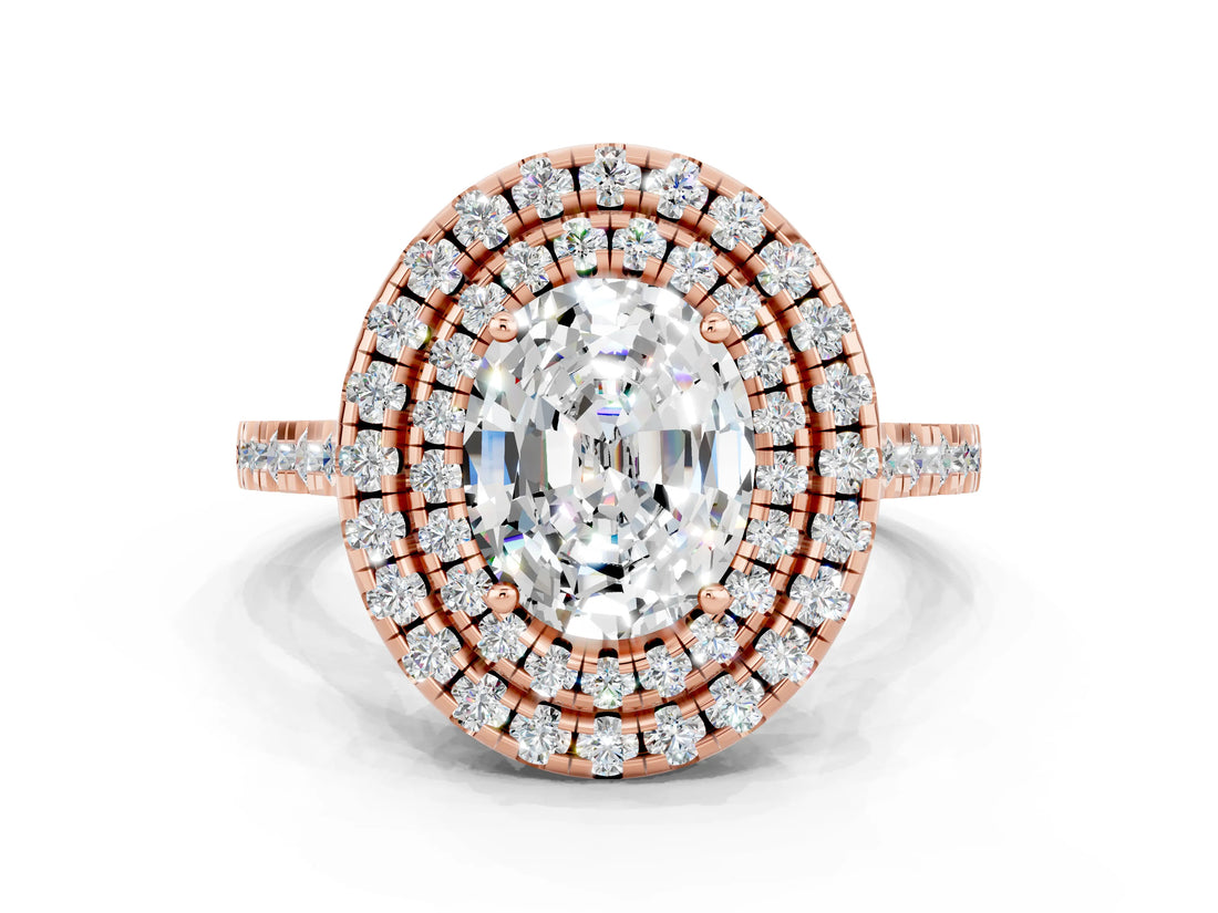 Rose gold Double Halo Oval Cut Moissanite Pavé Band with Four-Prong Setting