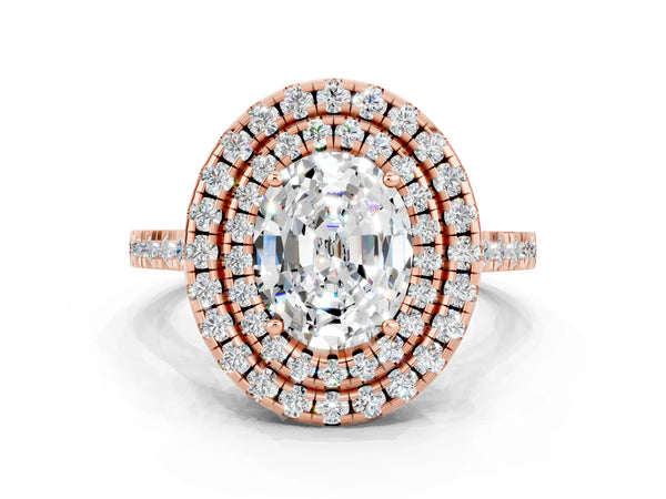 Rose gold Double Halo Oval Cut Moissanite Pavé Band with Four-Prong Setting