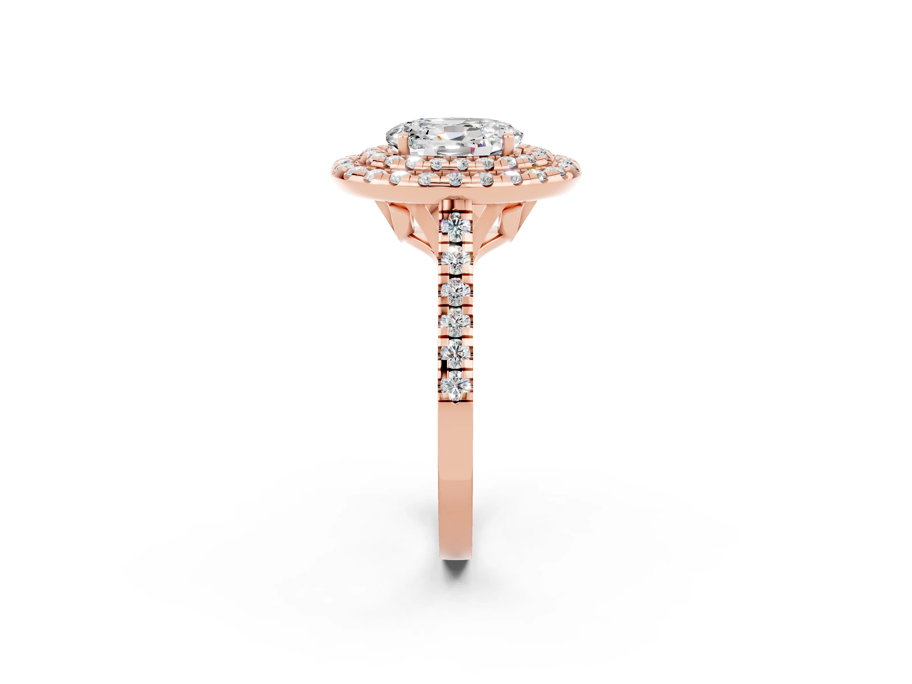 Rose gold Double Halo Oval Cut Moissanite Pavé Band with Four-Prong Setting_2