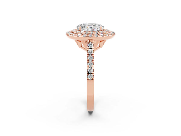 Rose gold Double Halo Oval Cut Moissanite Pavé Band with Four-Prong Setting