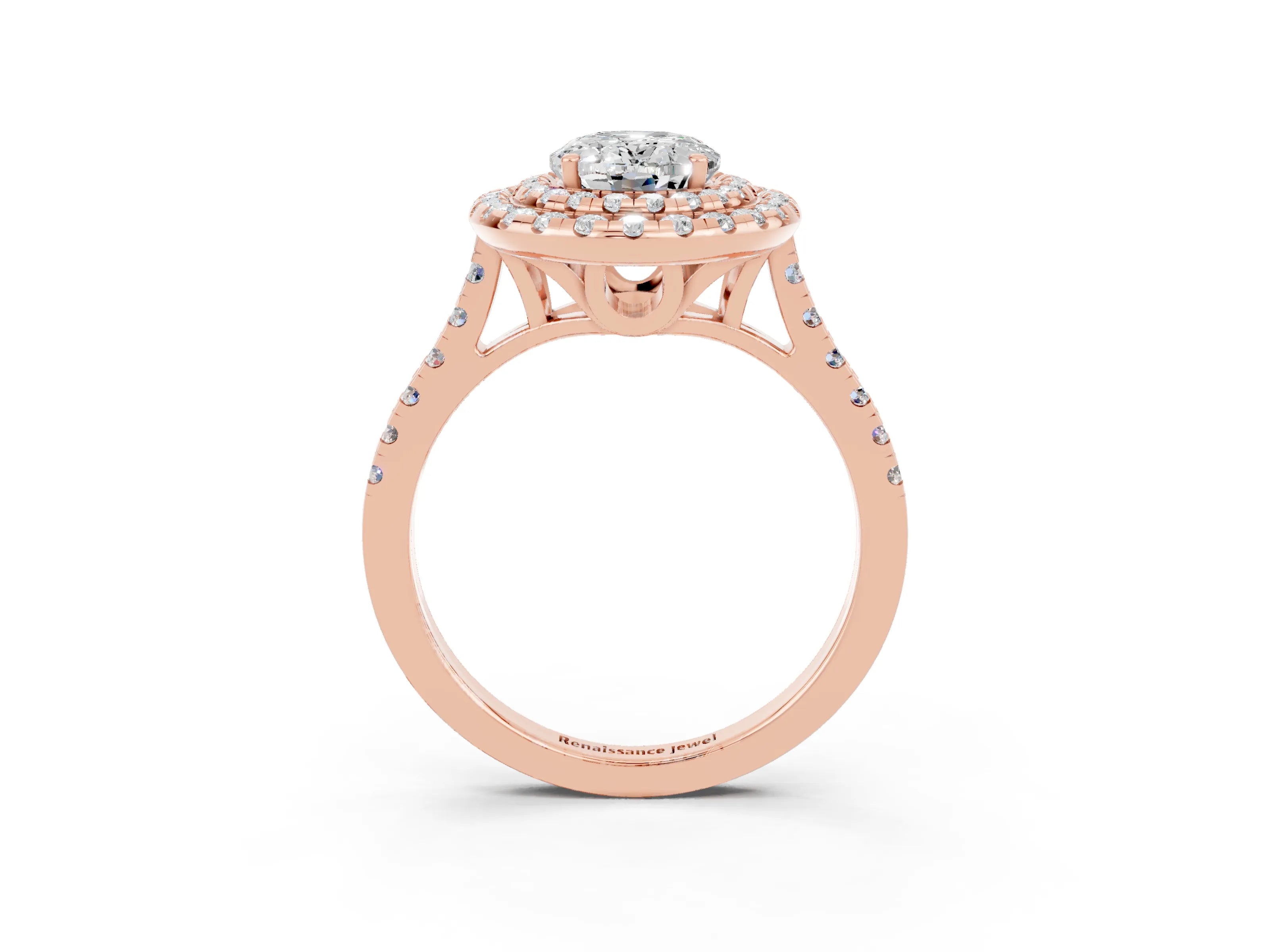 Rose gold Double Halo Oval Cut Moissanite Pavé Band with Four-Prong Setting_3