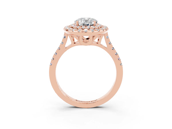 Rose gold Double Halo Oval Cut Moissanite Pavé Band with Four-Prong Setting
