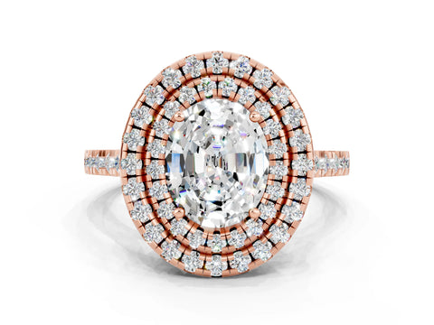 Rose gold Double Halo Oval Cut Moissanite Pavé Band with Four-Prong Setting