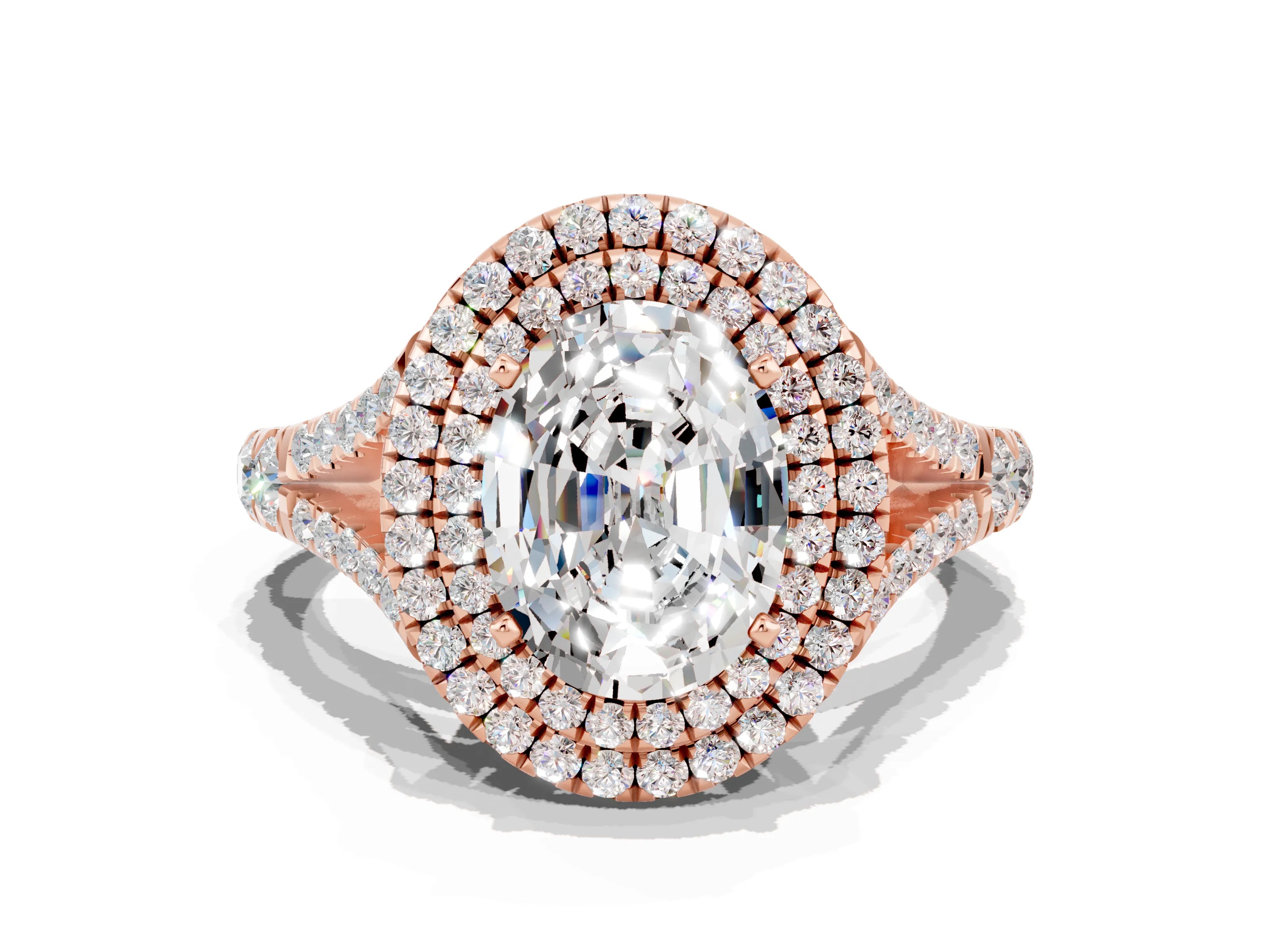 Rose gold Double Halo Oval Cut Moissanite Pavé Split Shank Ring with Prong Setting