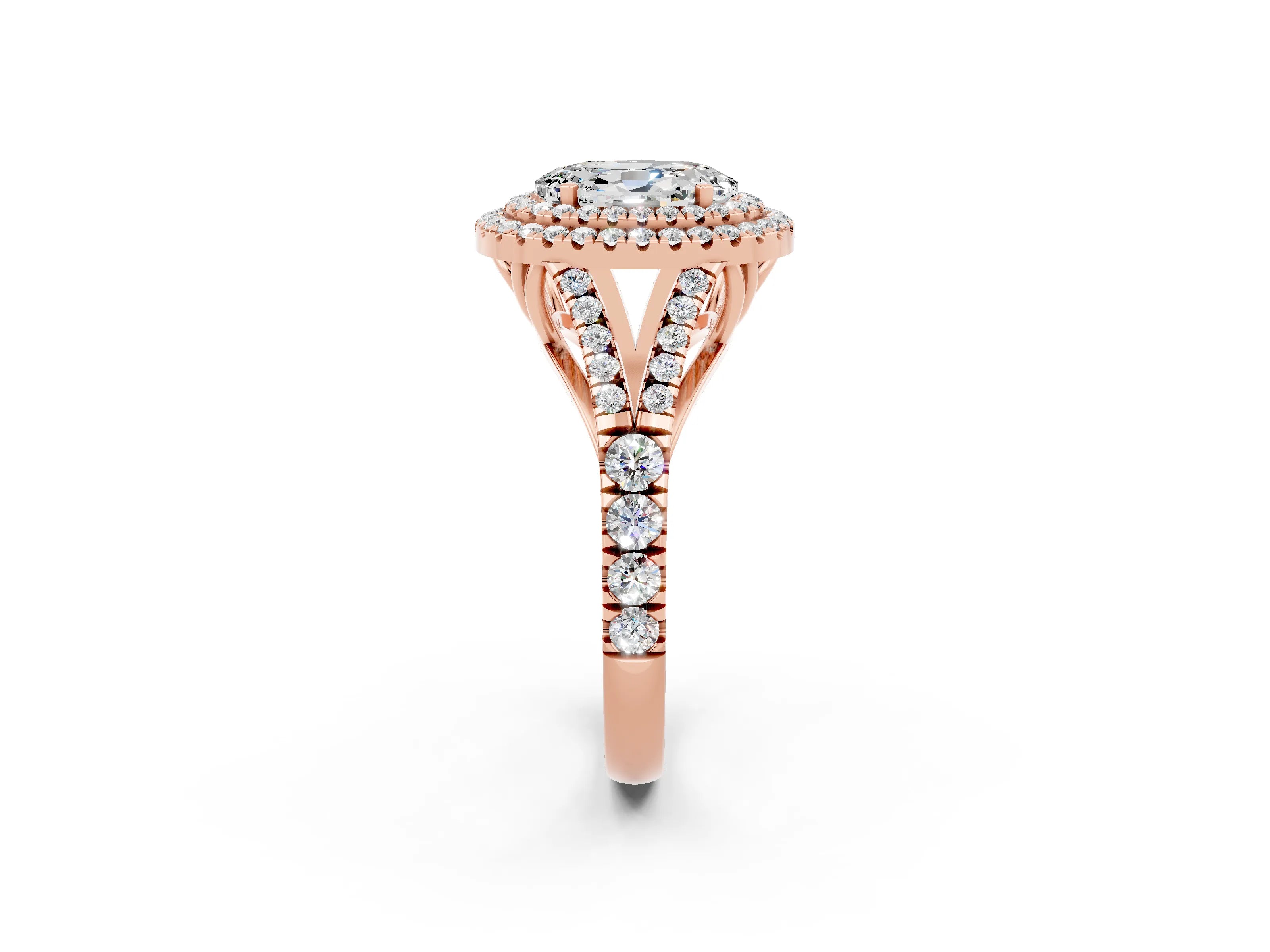 Rose gold Double Halo Oval Cut Moissanite Pavé Split Shank Ring with Prong Setting_2