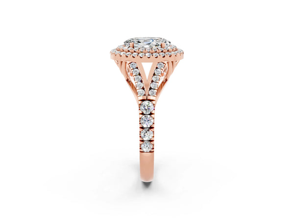Rose gold Double Halo Oval Cut Moissanite Pavé Split Shank Ring with Prong Setting