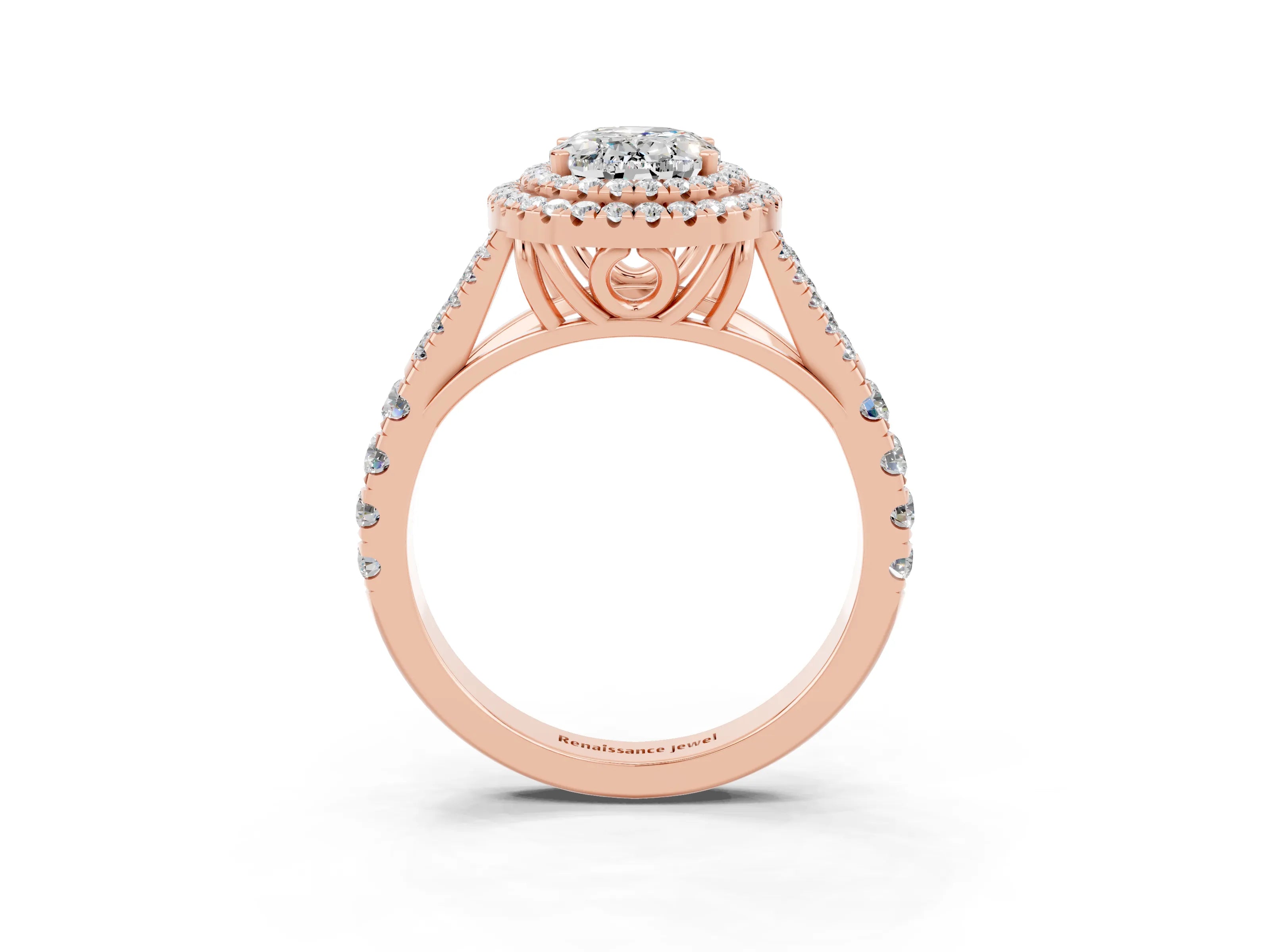 Rose gold Double Halo Oval Cut Moissanite Pavé Split Shank Ring with Prong Setting_3