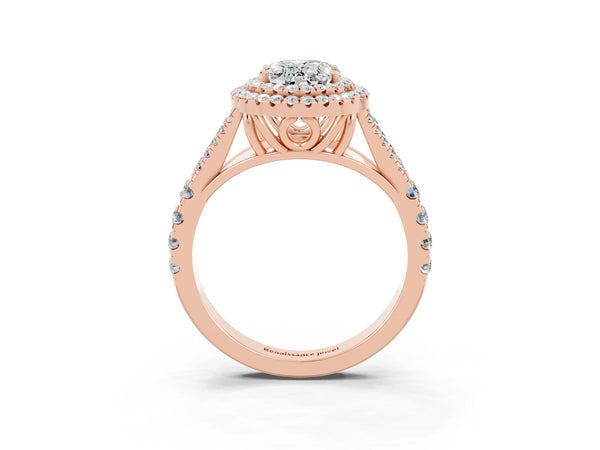 Rose gold Double Halo Oval Cut Moissanite Pavé Split Shank Ring with Prong Setting