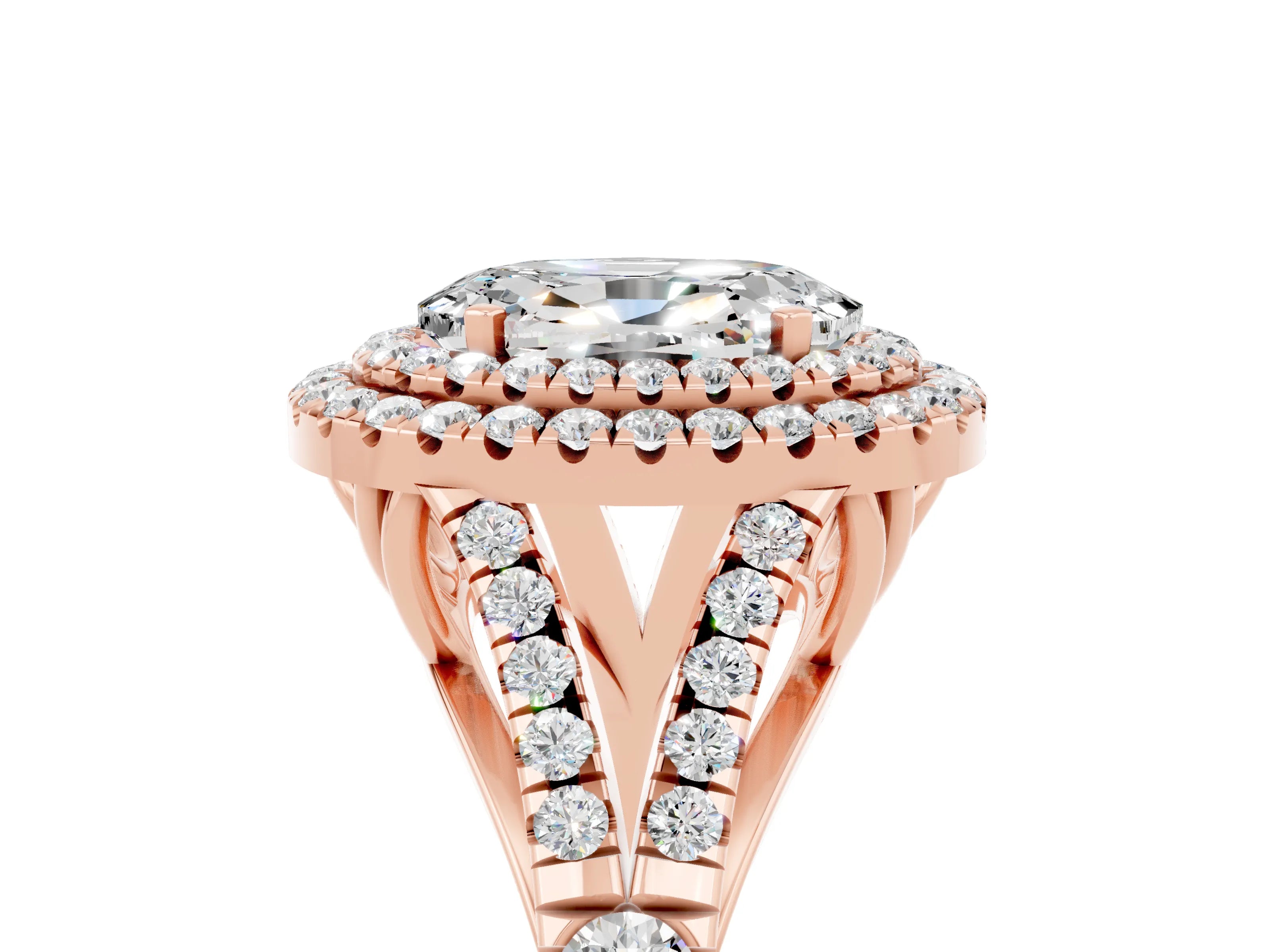 Rose gold Double Halo Oval Cut Moissanite Pavé Split Shank Ring with Prong Setting_5