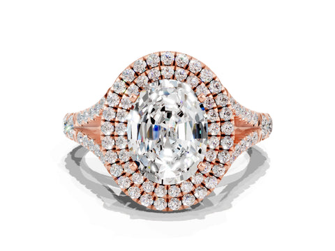 Rose gold Double Halo Oval Cut Moissanite Pavé Split Shank Ring with Prong Setting