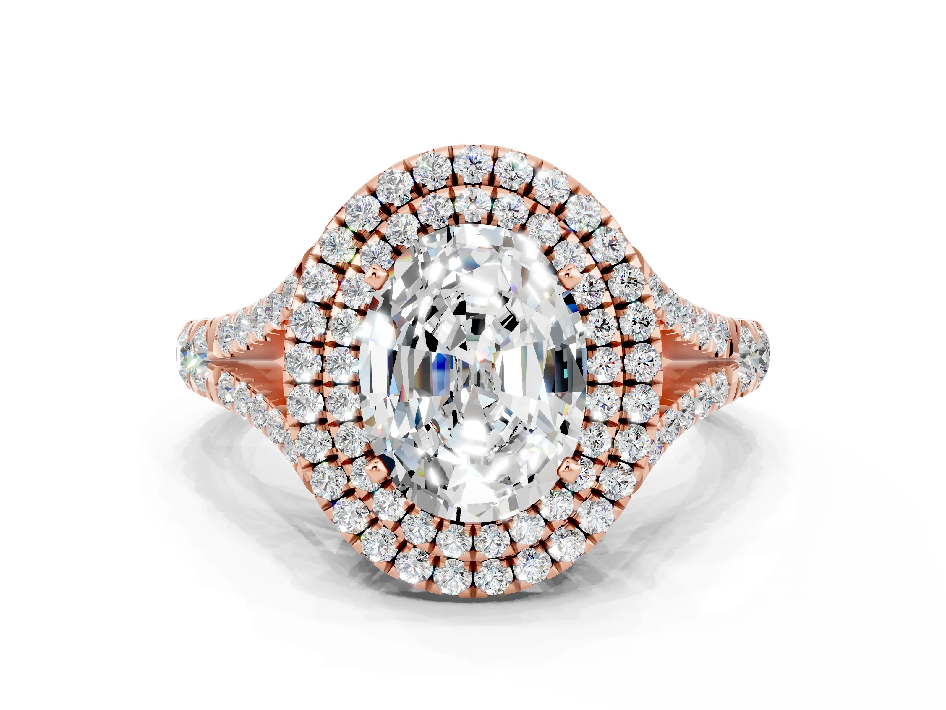 Rose gold Double Halo Oval Cut Moissanite Split Shank Engagement Ring with Four-Prong Setting