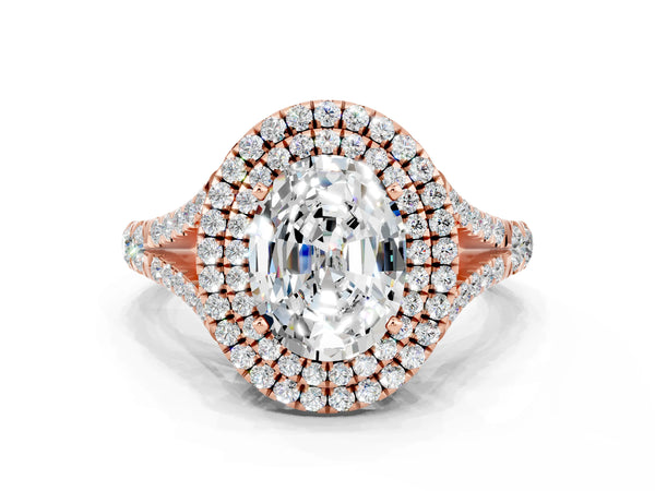 Rose gold Double Halo Oval Cut Moissanite Split Shank Engagement Ring with Four-Prong Setting