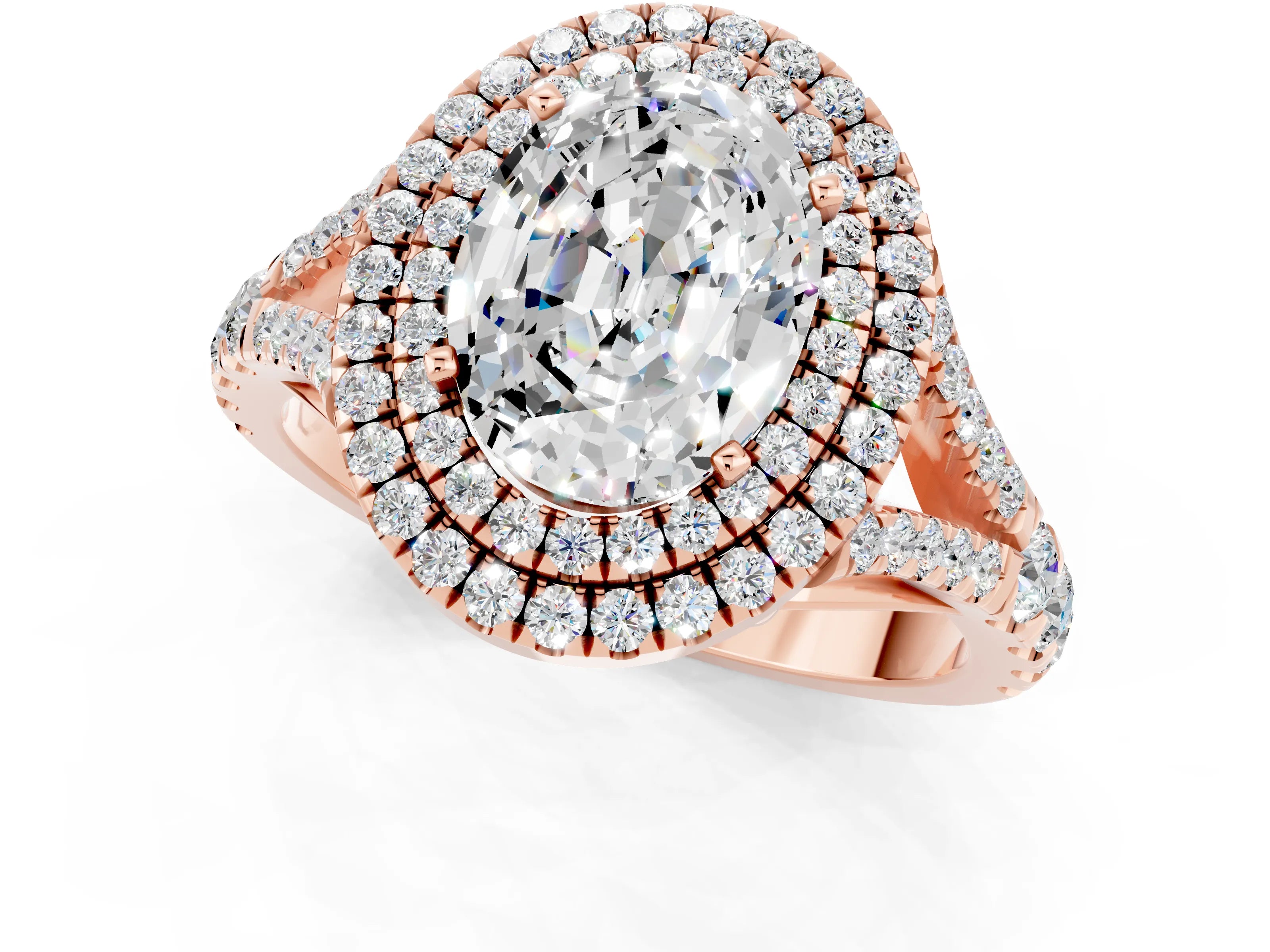 Rose gold Double Halo Oval Cut Moissanite Split Shank Engagement Ring with Four-Prong Setting_1