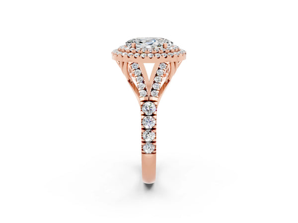 Rose gold Double Halo Oval Cut Moissanite Split Shank Engagement Ring with Four-Prong Setting