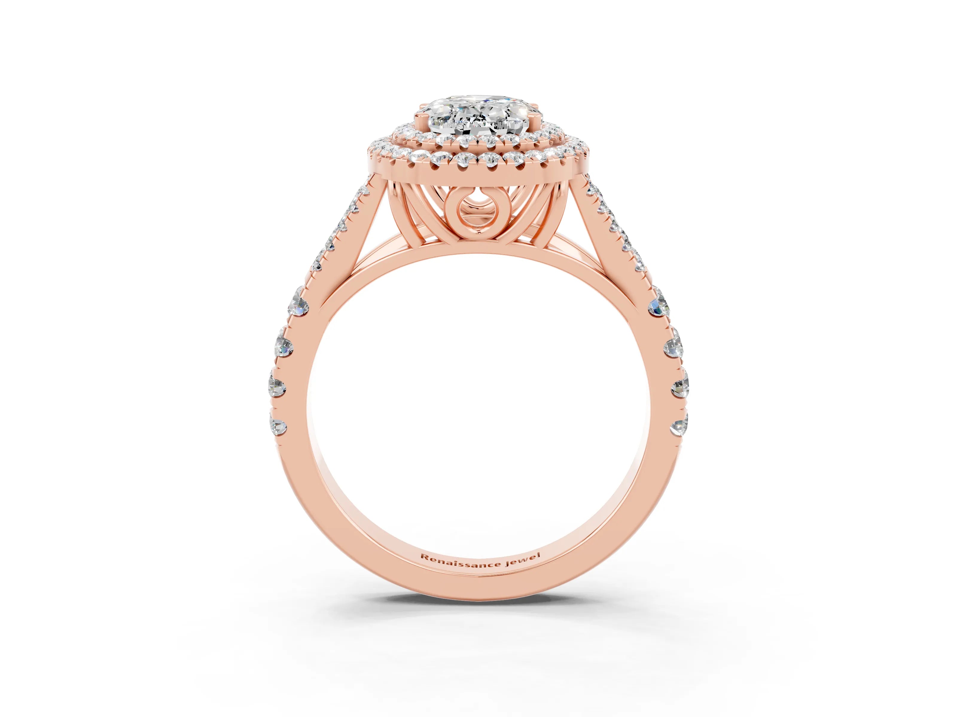 Rose gold Double Halo Oval Cut Moissanite Split Shank Engagement Ring with Four-Prong Setting_3
