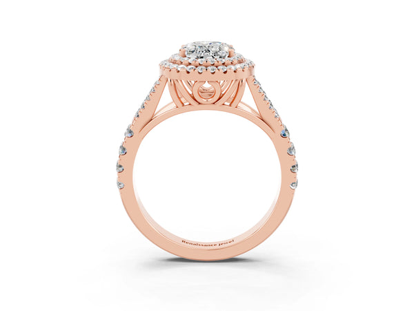 Rose gold Double Halo Oval Cut Moissanite Split Shank Engagement Ring with Four-Prong Setting