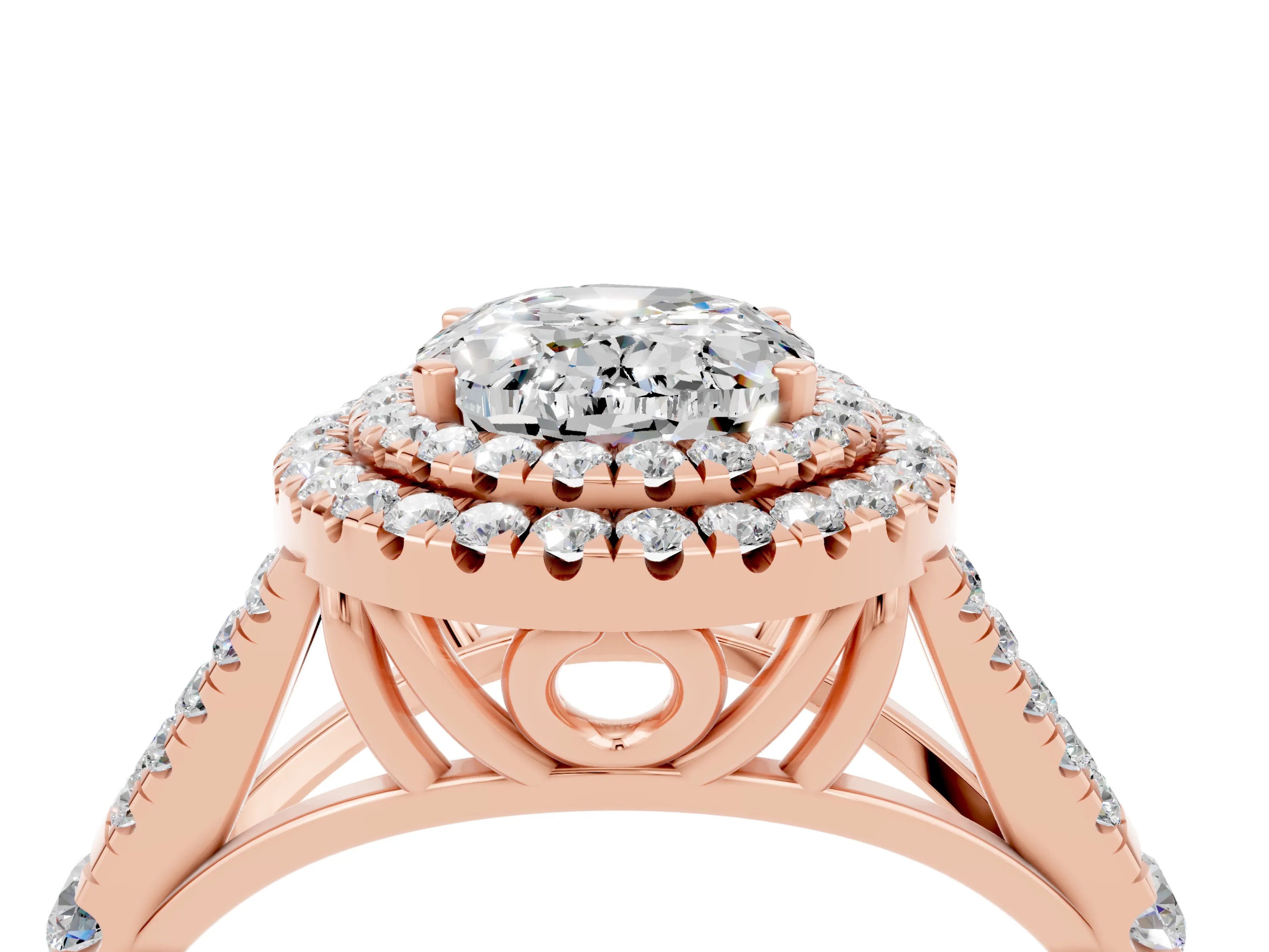 Rose gold Double Halo Oval Cut Moissanite Split Shank Engagement Ring with Four-Prong Setting_4