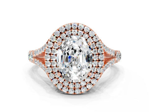Rose gold Double Halo Oval Cut Moissanite Split Shank Engagement Ring with Four-Prong Setting