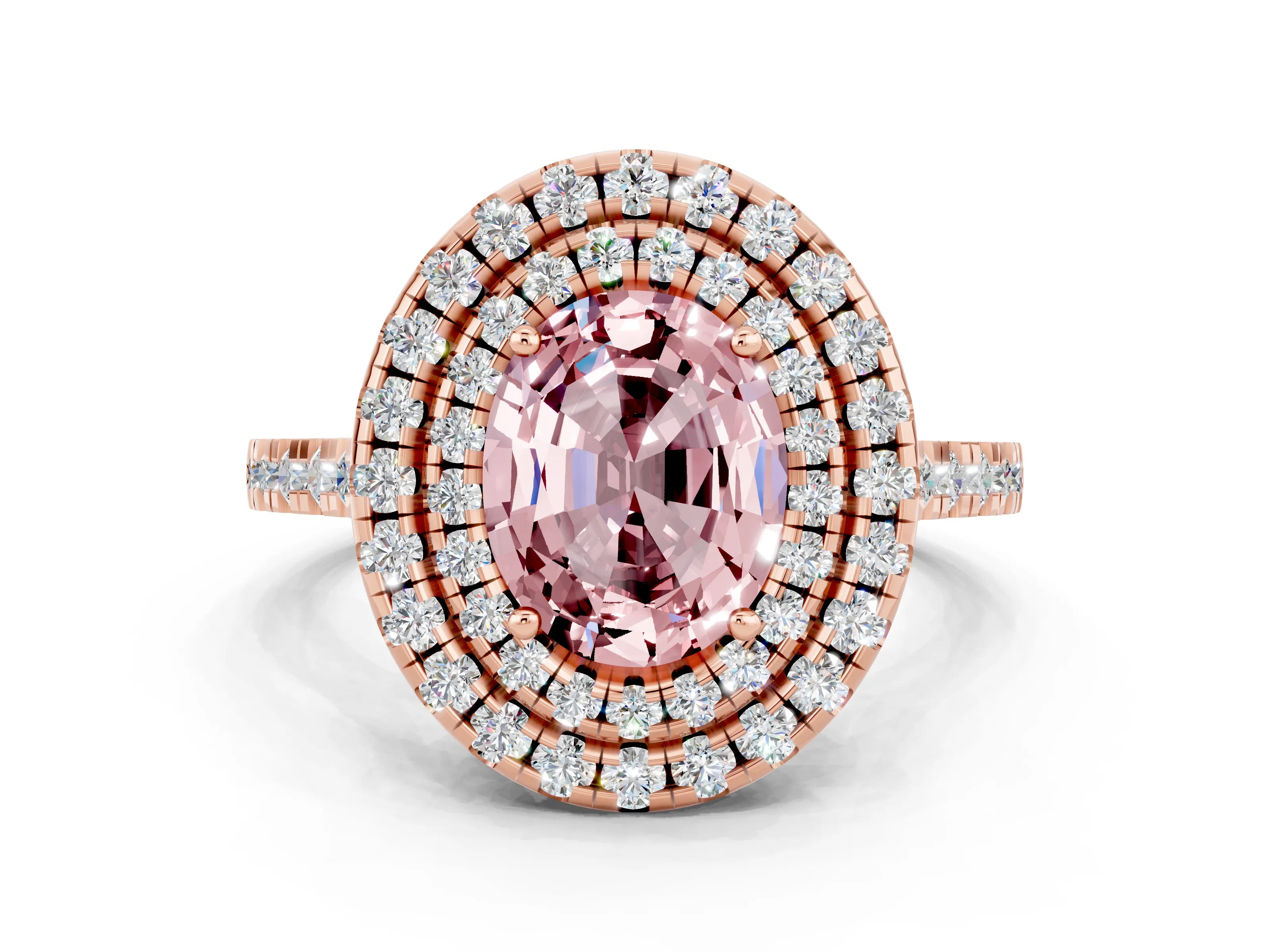 Rose gold Double Halo Oval Cut Morganite Pavé Band with Four-Prong Setting