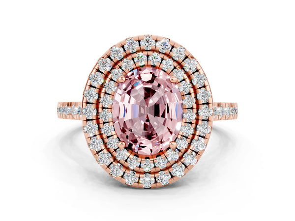 Rose gold Double Halo Oval Cut Morganite Pavé Band with Four-Prong Setting