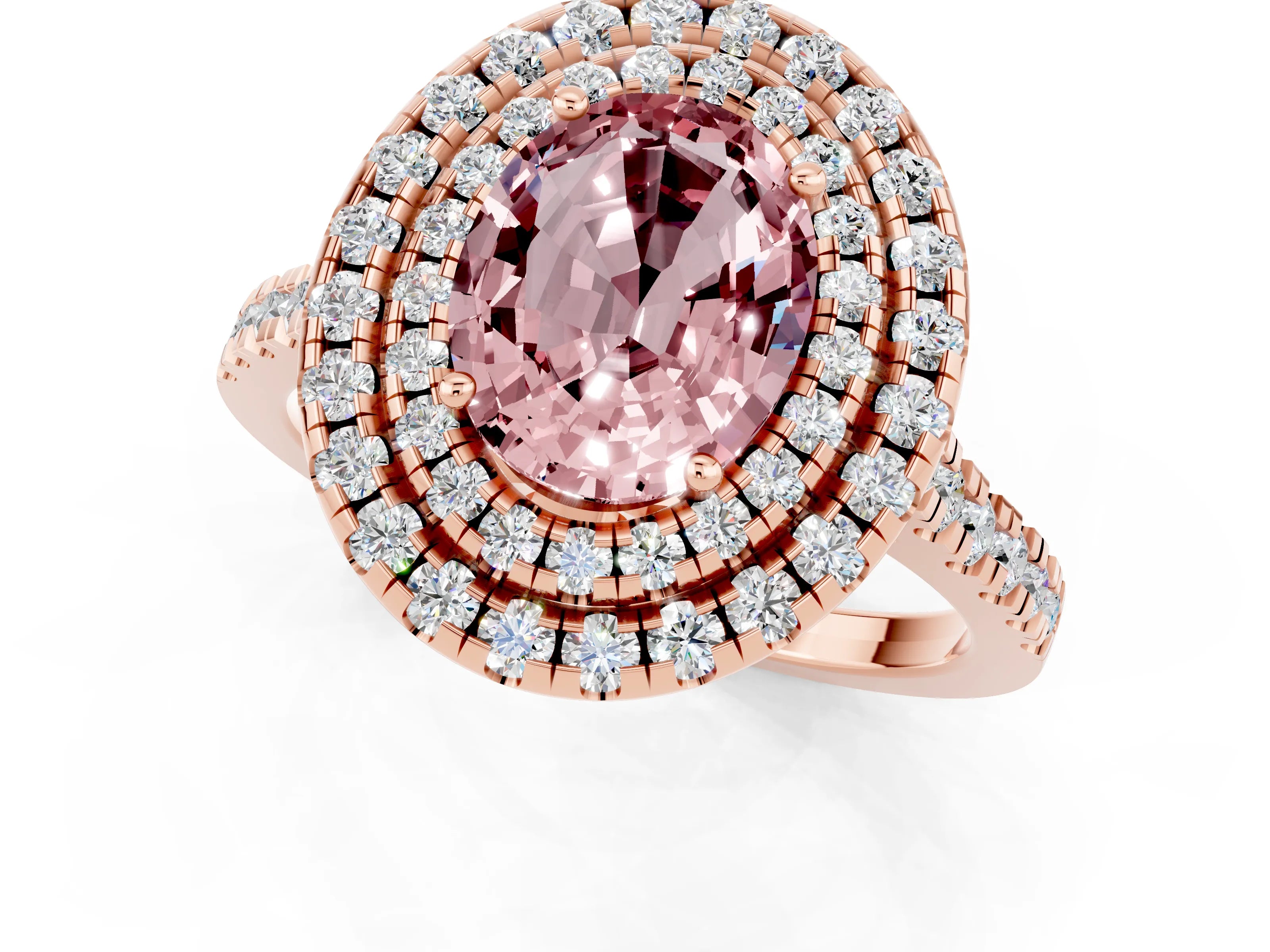 Rose gold Double Halo Oval Cut Morganite Pavé Band with Four-Prong Setting_1