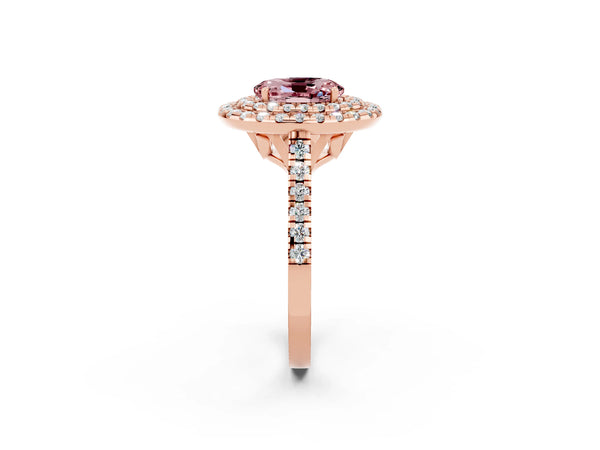 Rose gold Double Halo Oval Cut Morganite Pavé Band with Four-Prong Setting