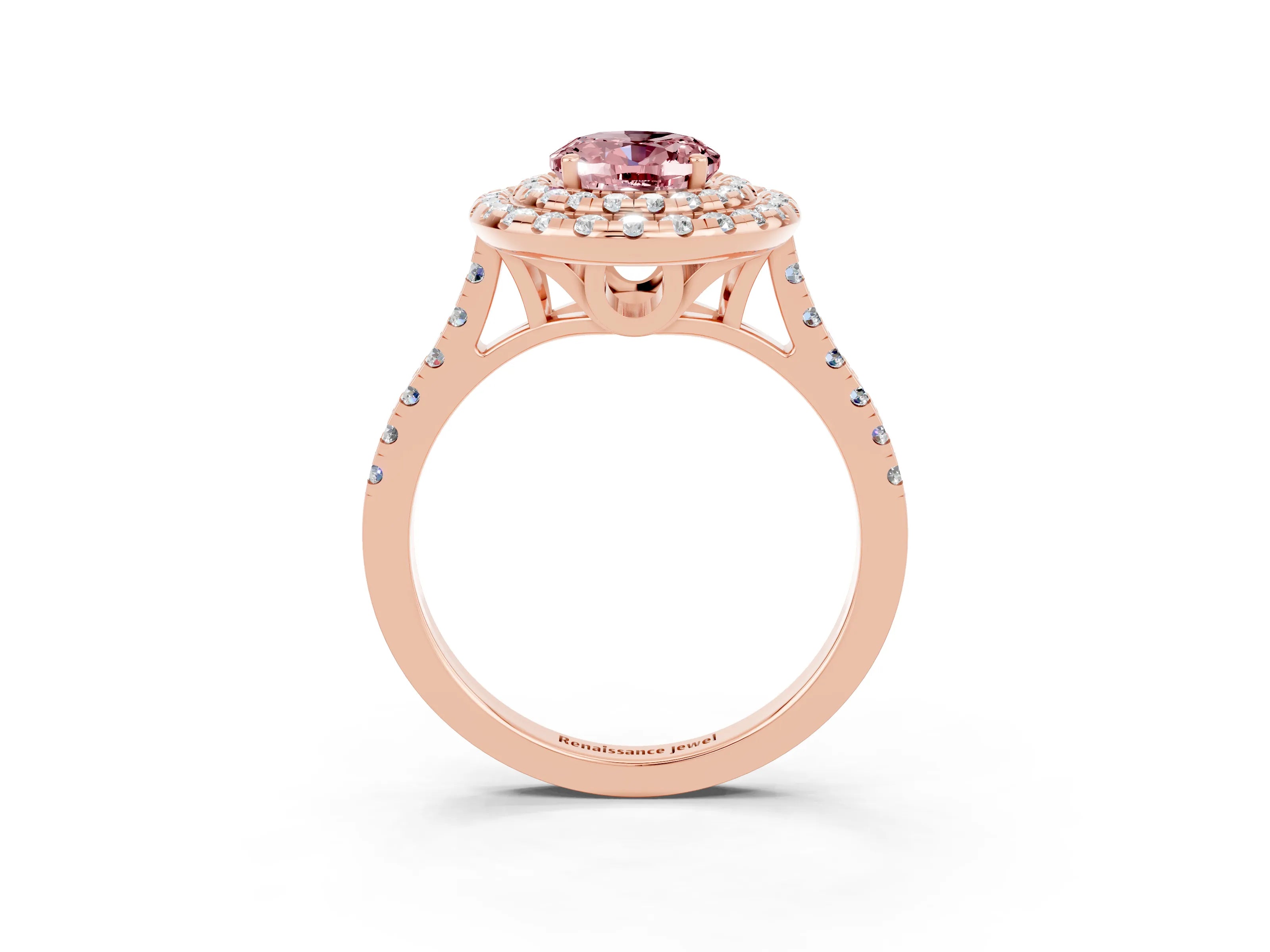 Rose gold Double Halo Oval Cut Morganite Pavé Band with Four-Prong Setting_3