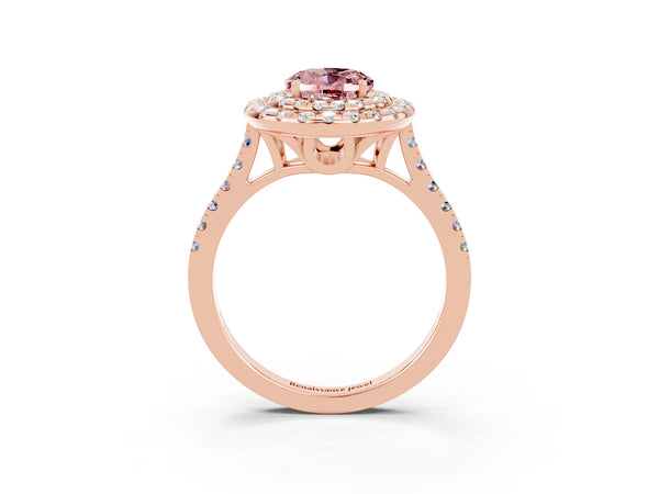 Rose gold Double Halo Oval Cut Morganite Pavé Band with Four-Prong Setting